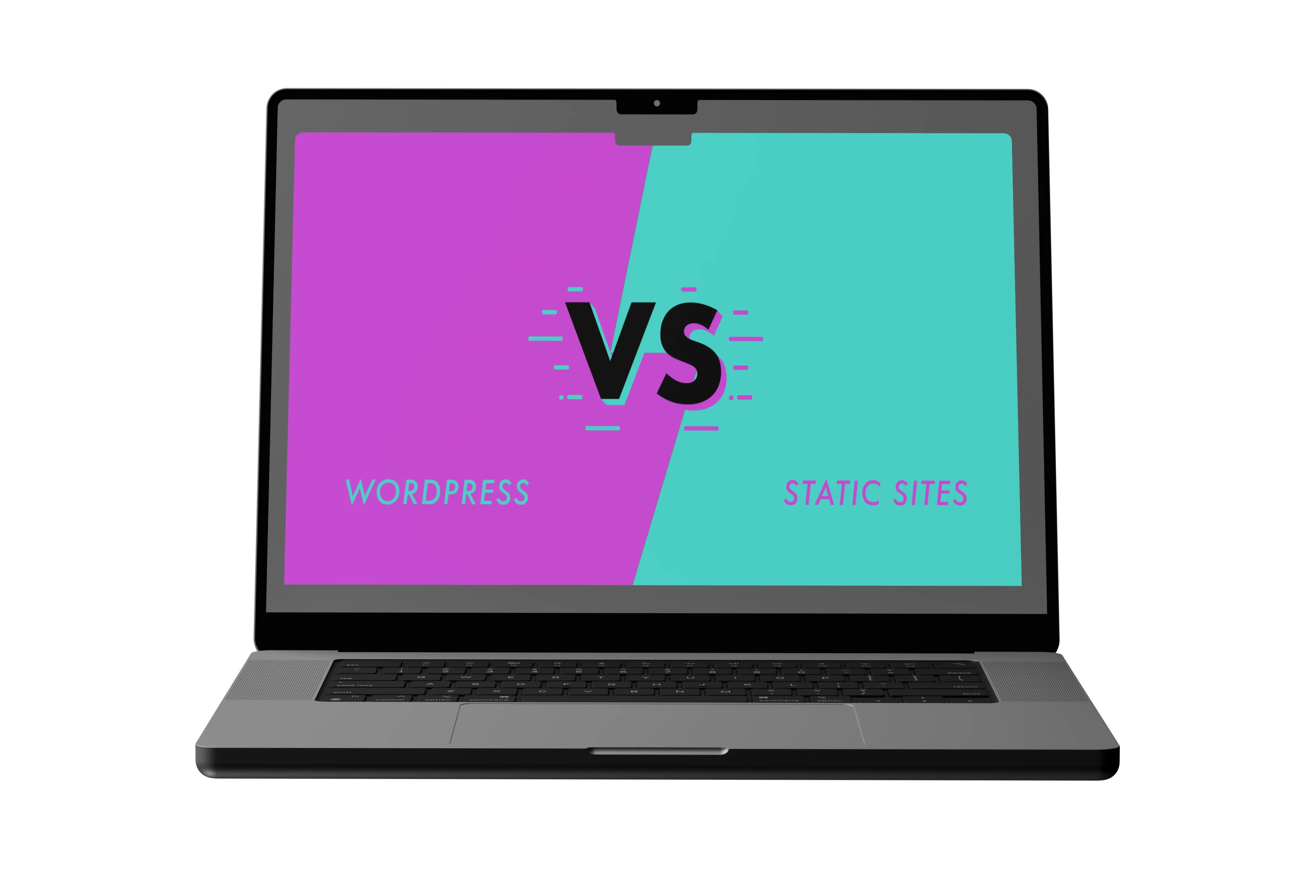 A laptop with the graphic WordPress vs Static Sites displayed on it